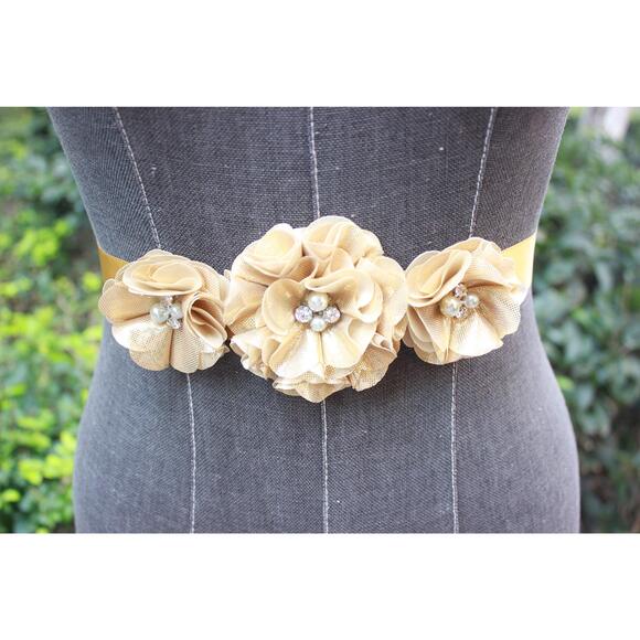 Bridesmaid And Flowergirls Sashes Wedding Sash Pearls Flowers Belts (gold) 95😽 - Picture 5 of 6